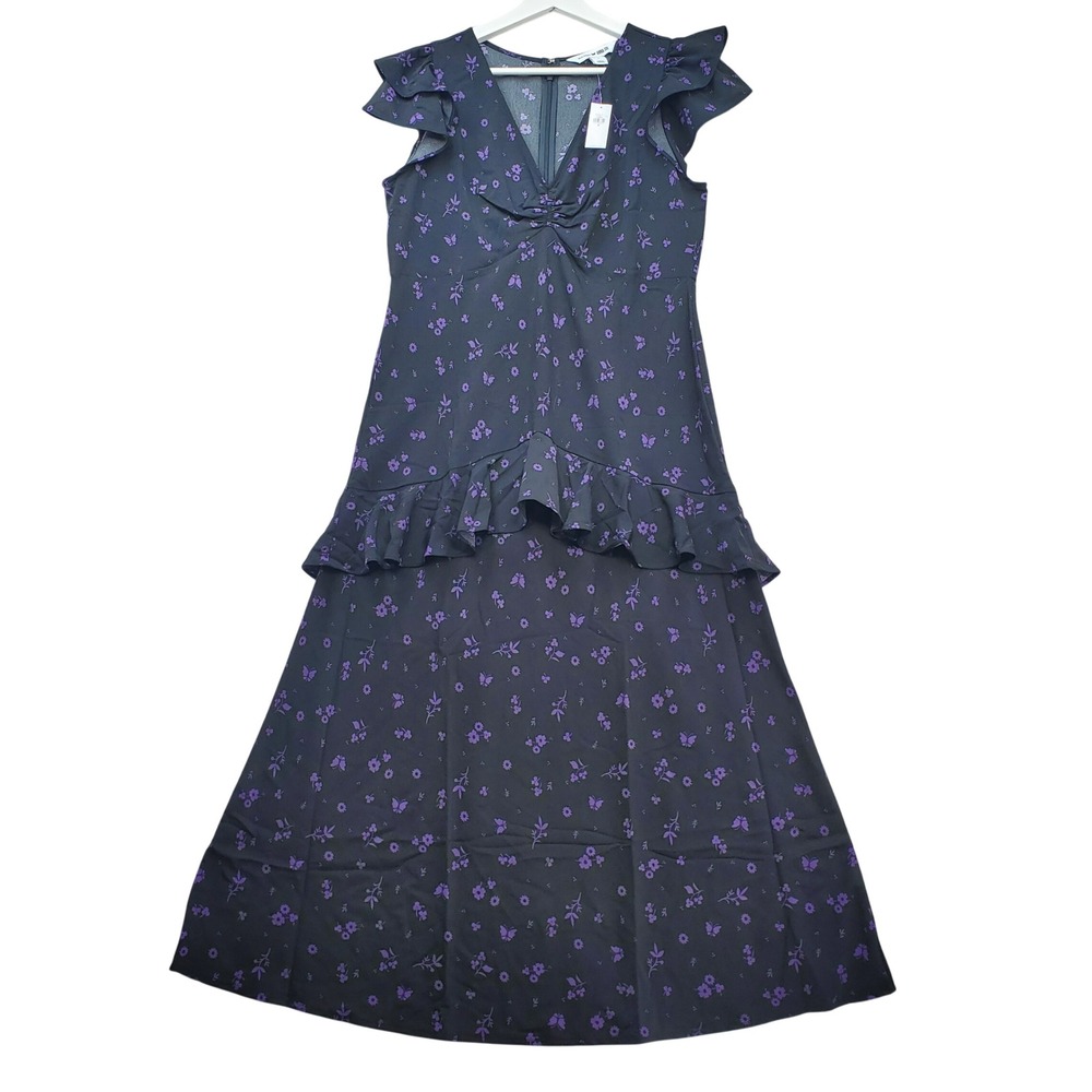 Old Navy Anna Sui Floral Dress Flutter Sleeve Ruffle‎ Black Purple M Whimsygoth